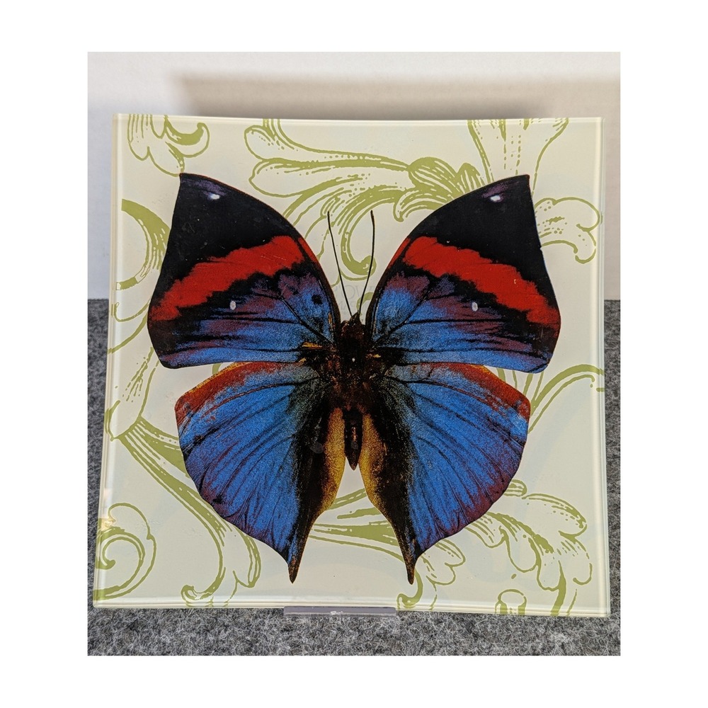 Two's Company Butterfly Glass Dish 8 Inch Square Convex Decorative Plate Tray